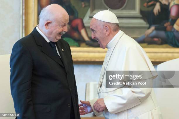 Pope Francis meets the Lieutenant of Grand Master of The Sovereign Military Order Of Malta Fra Giacomo Dalla Torre del Tempio di Sanguinetto during...