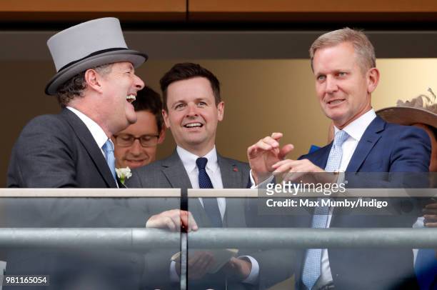 Piers Morgan, Declan Donnelly and Jeremy Kyle watch the racing on day 2 of Royal Ascot at Ascot Racecourse on June 20, 2018 in Ascot, England.
