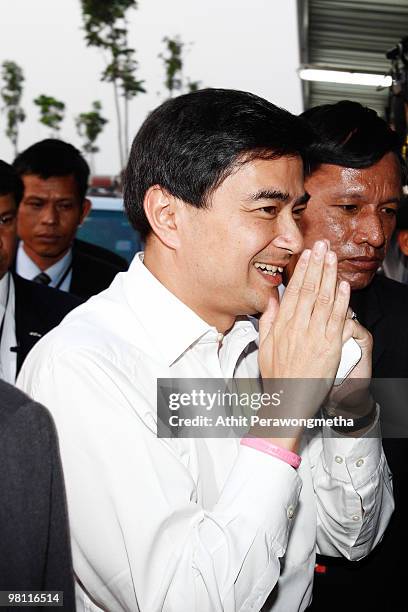 Thai Prime Minister Abhisit Vejjajiva arrives for the second round of talks with leaders of the United Front for Democracy Against Dictatorship at an...