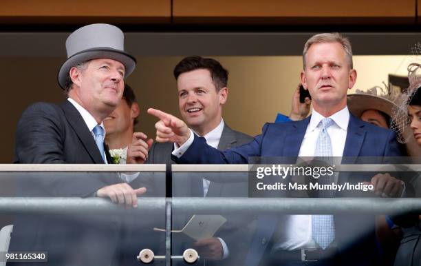 Piers Morgan, Declan Donnelly and Jeremy Kyle watch the racing on day 2 of Royal Ascot at Ascot Racecourse on June 20, 2018 in Ascot, England.