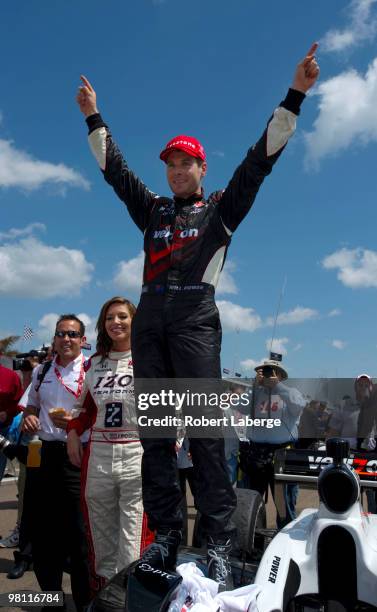 Will Power driver of the Verizon Team Penske Dallara Honda celebrates after winning the IndyCar Series Honda Grand Prix of St.Petersburg on March 29,...