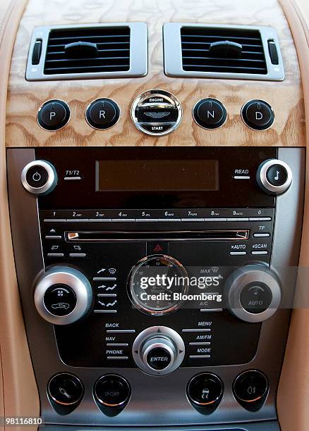 The center console of the four door Aston Martin Rapide sedan is photographed in Bear Mountain State Park in Bear Mountain, New York, U.S., on...