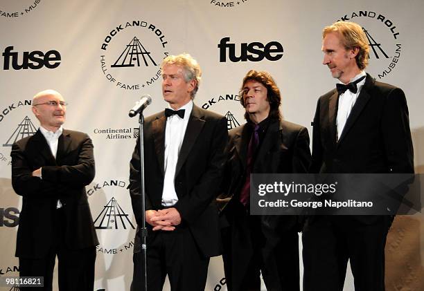 Inductees Phil Collins, Tony Banks, Steve Hackett and Mike Rutherford of Genesis attend the 25th Annual Rock And Roll Hall Of Fame Induction Ceremony...