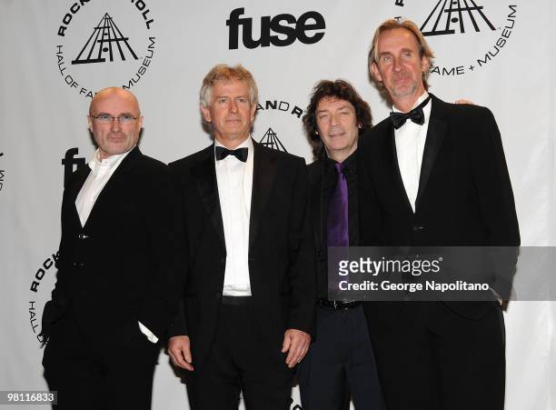 Inductees Phil Collins, Tony Banks, Steve Hackett and Mike Rutherford of Genesis attend the 25th Annual Rock And Roll Hall Of Fame Induction Ceremony...