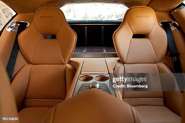 The rear bucket seats of the four door Aston Martin Rapide sedan are photographed in Bear Mountain State Park in Bear Mountain, New York, U.S., on...