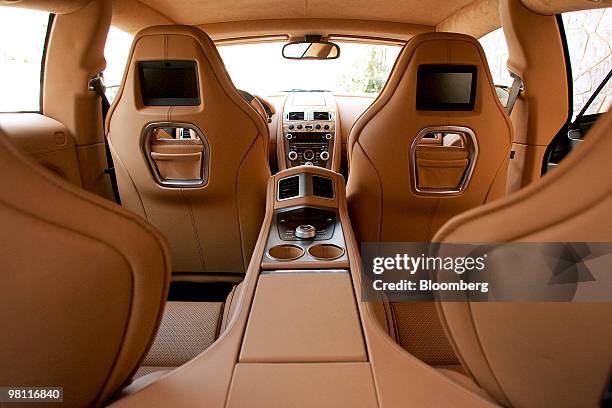The interior of the four door Aston Martin Rapide sedan is photographed in Bear Mountain State Park in Bear Mountain, New York, U.S., on Tuesday,...