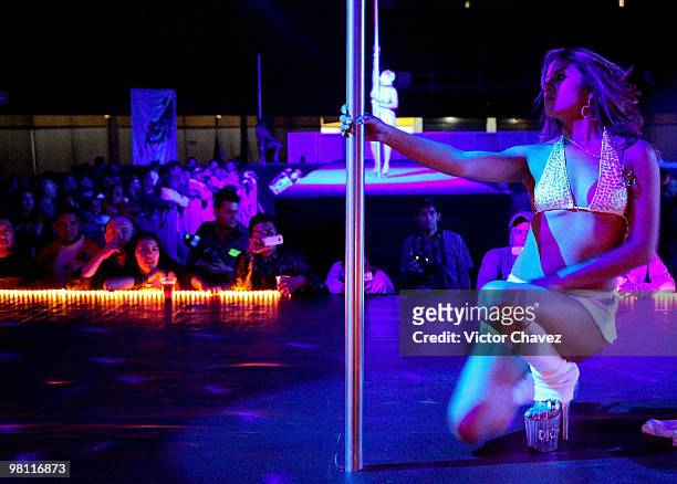 An exotic dancer performs during day 1 of Sex & Entertainment 2010 at Palacio de Los Deportes on February 24, 2010 in Mexico City, Mexico.