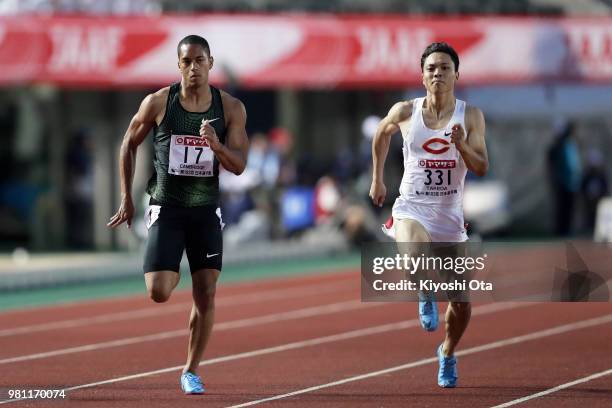 Aska Cambridge and Ippei Takeda compete in the Men's 100m semifinal on day one of the 102nd JAAF Athletic Championships at Ishin Me-Life Stadium on...