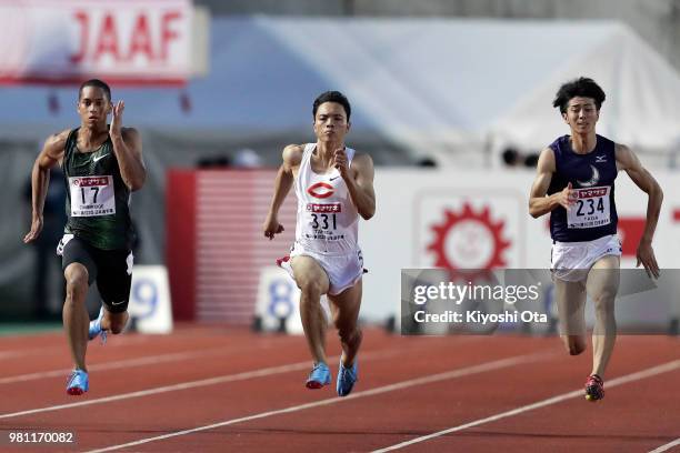 Aska Cambridge, Ippei Takeda and Shuhei Tada compete in the Men's 100m semifinal on day one of the 102nd JAAF Athletic Championships at Ishin Me-Life...