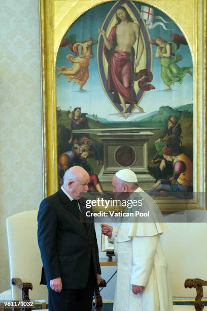 Pope Francis meets the Lieutenant of Grand Master of The Sovereign Military Order Of Malta Fra Giacomo Dalla Torre del Tempio di Sanguinetto during...