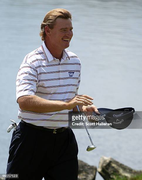 Ernie Els of South Africa celebrates his two stroke victory after completion of the final round of the Arnold Palmer Invitational presented by...