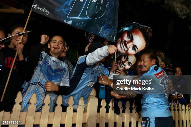 Simaima Taufa of the Blues celebrates with the crowd after victory during the Women's State of Origin match between New South Wales and Queensland at...