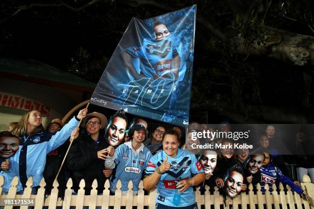 Simaima Taufa of the Blues celebrates with the crowd after victory during the Women's State of Origin match between New South Wales and Queensland at...