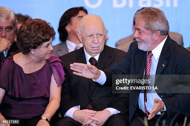 Brazilian President Luiz Inacio Lula da Silva , vice-President Jose Alencar and his Chief of Staff Dilma Rousseff talk during the launching ceremony...