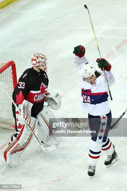 Zenon Konopka of USA celebrates after scoring a goal during the Ice Hockey Classic between the United States of America and Canada at Spark Arena on...