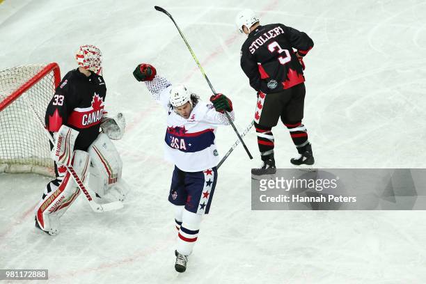 Zenon Konopka of USA celebrates after scoring a goal during the Ice Hockey Classic between the United States of America and Canada at Spark Arena on...