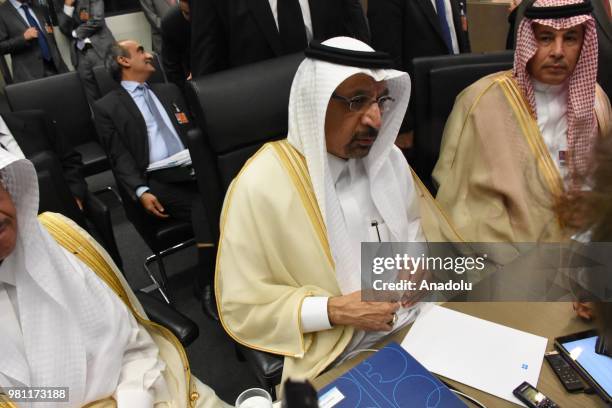 Saudi Arabia's Minister of Energy, Industry and Mineral Resources, Khalid Al-Falih speaks to media during the 174th Ordinary Meeting of the...