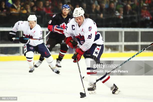 Zenon Konopka of USA makes a break during the Ice Hockey Classic between the United States of America and Canada at Spark Arena on June 22, 2018 in...