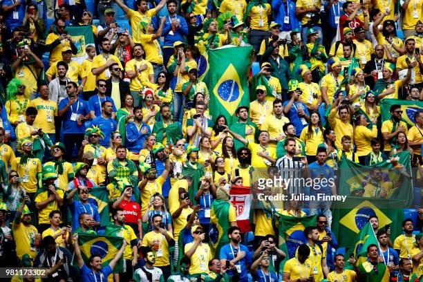 Brazil fans enjoy the atmosphere during the 2018 FIFA World Cup Russia group E match between Brazil and Costa Rica at Saint Petersburg Stadium on...