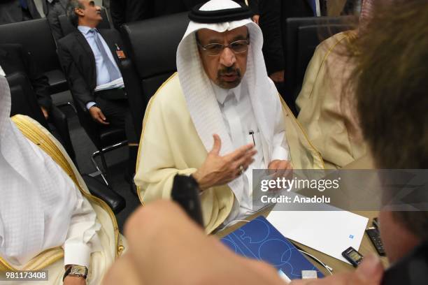 Saudi Arabia's Minister of Energy, Industry and Mineral Resources, Khalid Al-Falih speaks to media during the 174th Ordinary Meeting of the...