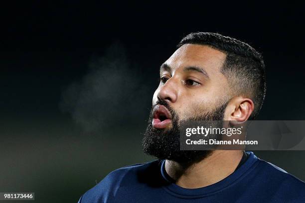 Lima Sopoaga of the Highlanders looks on prior to the match between the Highlanders and the French Barbarians at Rugby Park Stadium on June 22, 2018...