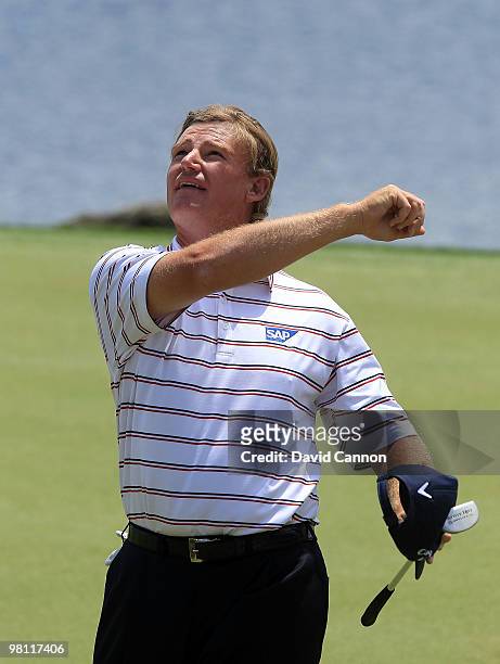 Ernie Els of South Africa celebrates his two stroke victory after completion of the final round of the Arnold Palmer Invitational presented by...