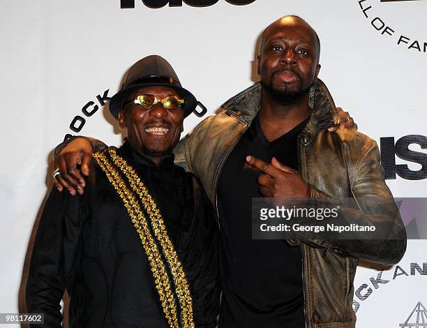 Inductee Jimmy Cliff and Wyclef Jean attend the 25th Annual Rock And Roll Hall Of Fame Induction Ceremony at the Waldorf=Astoria on March 15, 2010 in...