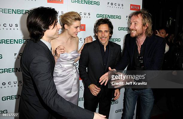 Writer/director Noah Baumbach, actors Greta Gerwig, Ben Stiller and Rhys Ifans arrive at the premiere of "Greenberg" presented by Focus Features at...