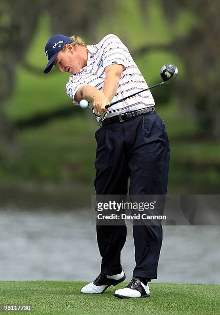 Ernie Els of South Africa hits his tee shot on the 16th hole during the completion of the final round of the Arnold Palmer Invitational presented by...