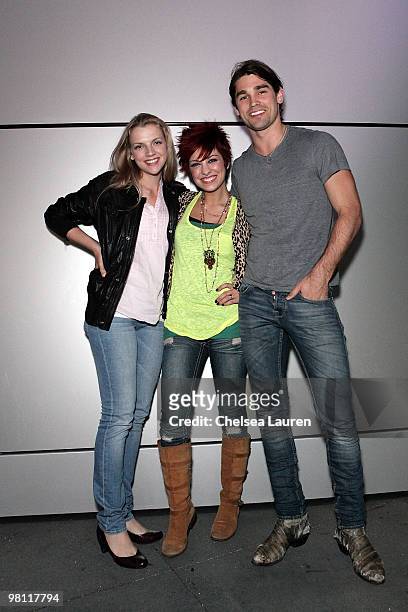 Actress Kara Killmer, singer Lacey Brown and musician Justin Gaston attend the Nokia Plaza L.A. LIVE event on March 19, 2010 in Los Angeles,...