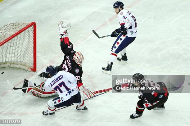 Nick Lazorko of USA scores a goal during the Ice Hockey Classic between the United States of America and Canada at Spark Arena on June 22, 2018 in...