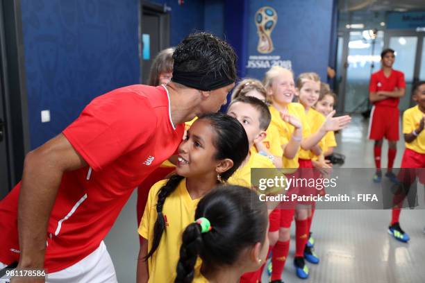 Christian Bolanos of Costa Rica greets mascots in the tunnel prior to the 2018 FIFA World Cup Russia group E match between Brazil and Costa Rica at...