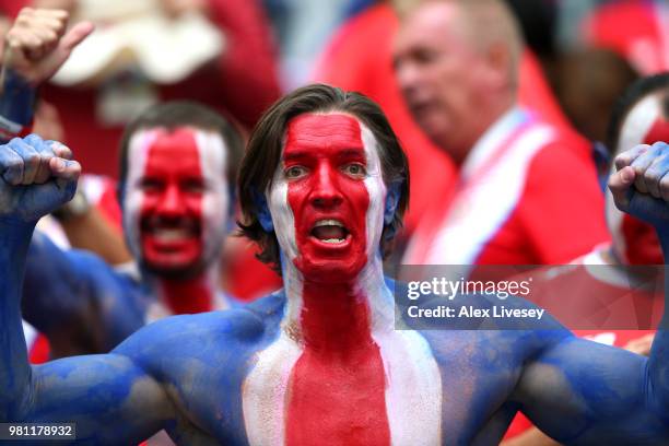 Costa Rica fan enjoys the pre match atmosphere during the 2018 FIFA World Cup Russia group E match between Brazil and Costa Rica at Saint Petersburg...