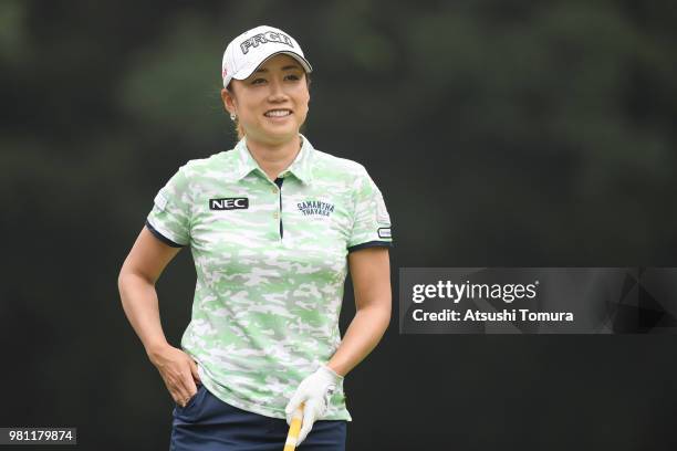 Erina Hara of Japan smiles during the second round of the Earth Mondahmin Cup at the Camellia Hills Country Club on June 22, 2018 in Sodegaura,...