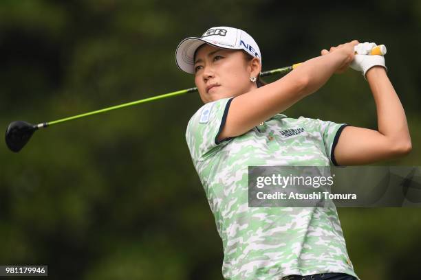 Erina Hara of Japan hits her tee shot on the 13th hole during the second round of the Earth Mondahmin Cup at the Camellia Hills Country Club on June...