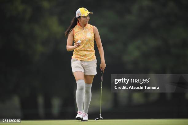 Kotone Hori of Japan reacts during the second round of the Earth Mondahmin Cup at the Camellia Hills Country Club on June 22, 2018 in Sodegaura,...