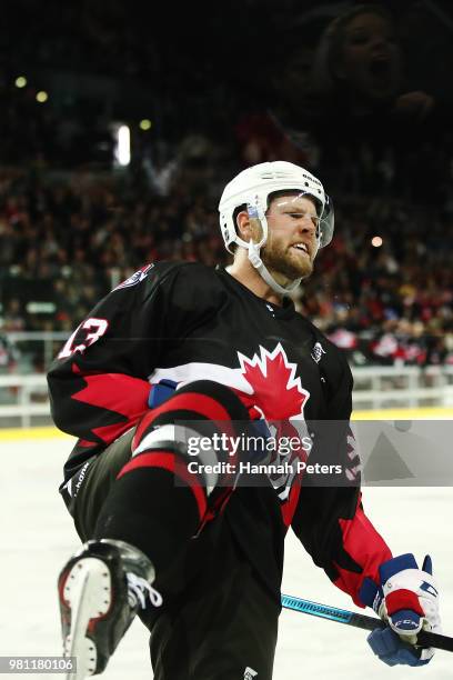 Peter Holland of Canada celebrates after scoring a goal during the Ice Hockey Classic between the United States of America and Canada at Spark Arena...