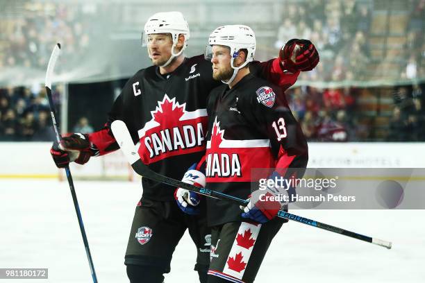 Peter Holland of Canada celebrates after scoring a goal during the Ice Hockey Classic between the United States of America and Canada at Spark Arena...