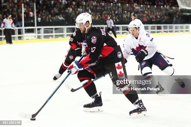Peter Holland of Canada makes a break during the Ice Hockey Classic between the United States of America and Canada at Spark Arena on June 22, 2018...