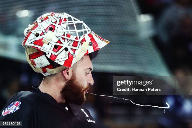 Chris Driedger of Canada spits during the Ice Hockey Classic between the United States of America and Canada at Spark Arena on June 22, 2018 in...