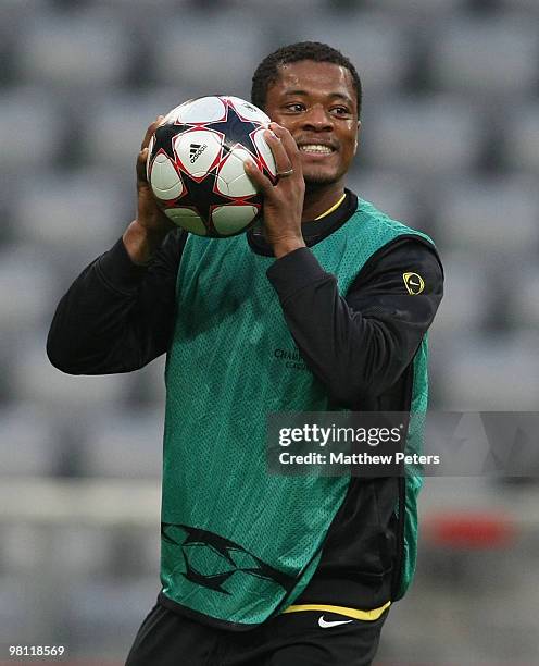 Patrice Evra of Manchester United in action during a First Team Training Session ahead of their UEFA Champions League Quarter-Final First Leg match...