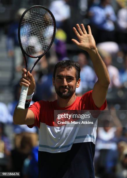 Marin Cilic of Croatia celebrates victory over Sam Querrey after their 1/4 final match on Day 5 of the Fever-Tree Championships at Queens Club on...