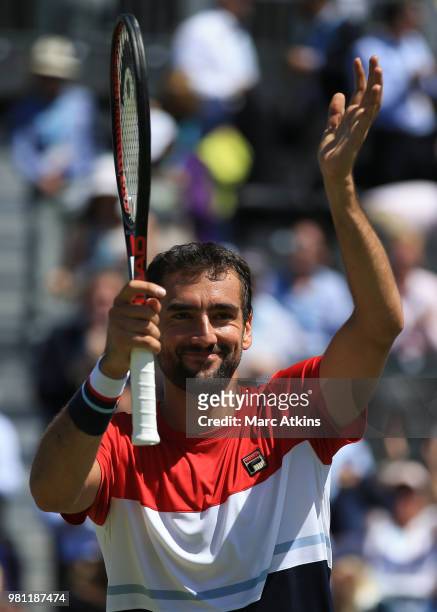 Marin Cilic of Croatia celebrates victory over Sam Querrey after their 1/4 final match on Day 5 of the Fever-Tree Championships at Queens Club on...