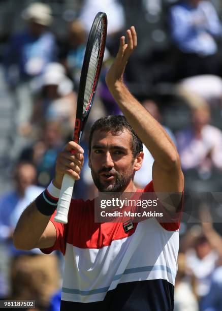 Marin Cilic of Croatia celebrates victory over Sam Querrey after their 1/4 final match on Day 5 of the Fever-Tree Championships at Queens Club on...