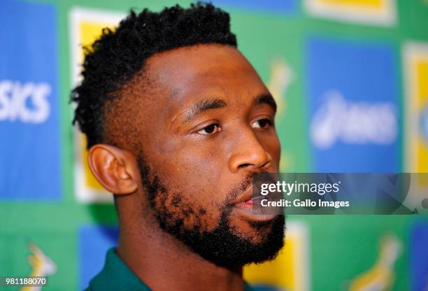 Siya Kolisi attends the South African national mens rugby captains media briefing and team photograph at The Cullinan Hotel on June 22, 2018 in Cape...