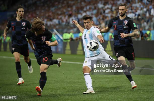 Marcos Acuna of Argentina in action with Luka Modric and Marcelo Brozovic during the 2018 FIFA World Cup Russia group D match between Argentina and...