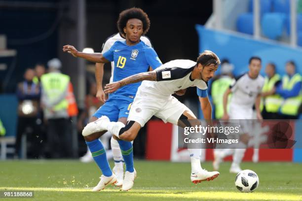 Willian of Brazil, Bryan Ruiz of Costa Rica during the 2018 FIFA World Cup Russia group E match between Brazil and Costa Rica at the Saint Petersburg...