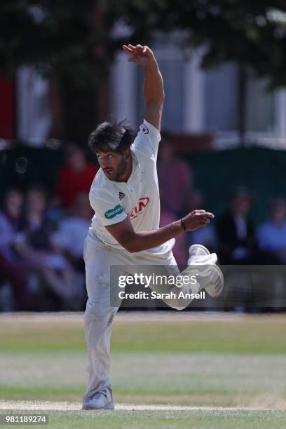 Ryan Patel of Surrey bowls during day 3 of the Specsavers County Championship Division One match between Surrey and Somerset on June 22, 2018 in...