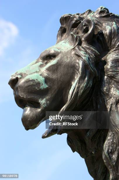 bronze lion head outside buckingham palace - lion statue stock pictures, royalty-free photos & images