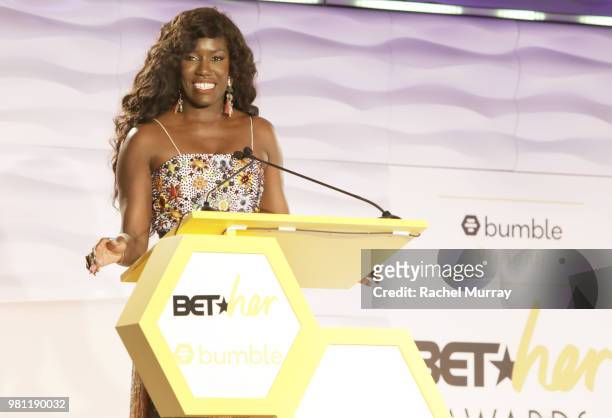 Bozoma Saint John recipient of the First Mover Award speaks onstage during the BET Her Awards presented by Bumble at Conga Room on June 21, 2018 in...